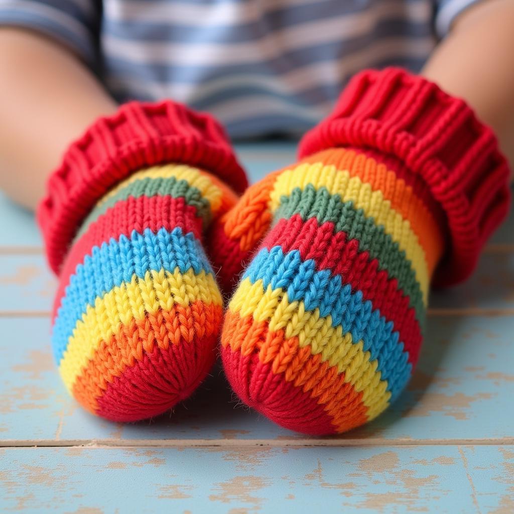 Children's knitted mittens with a simple striped pattern