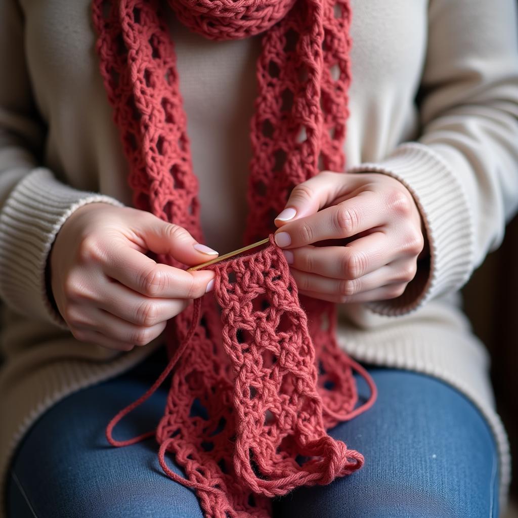 Woman crocheting a simple skinny scarf