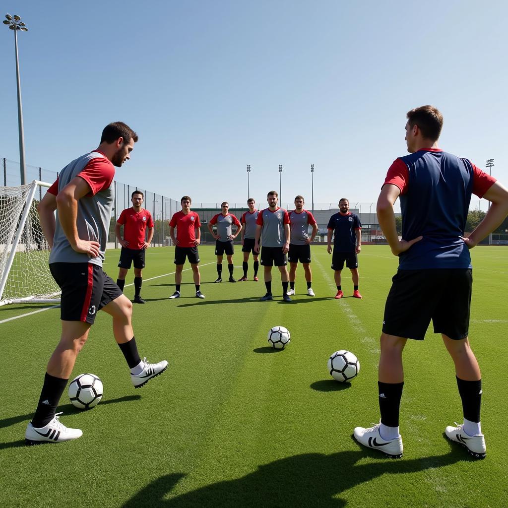 Soccer players practicing free kicks with mannequins and a coach