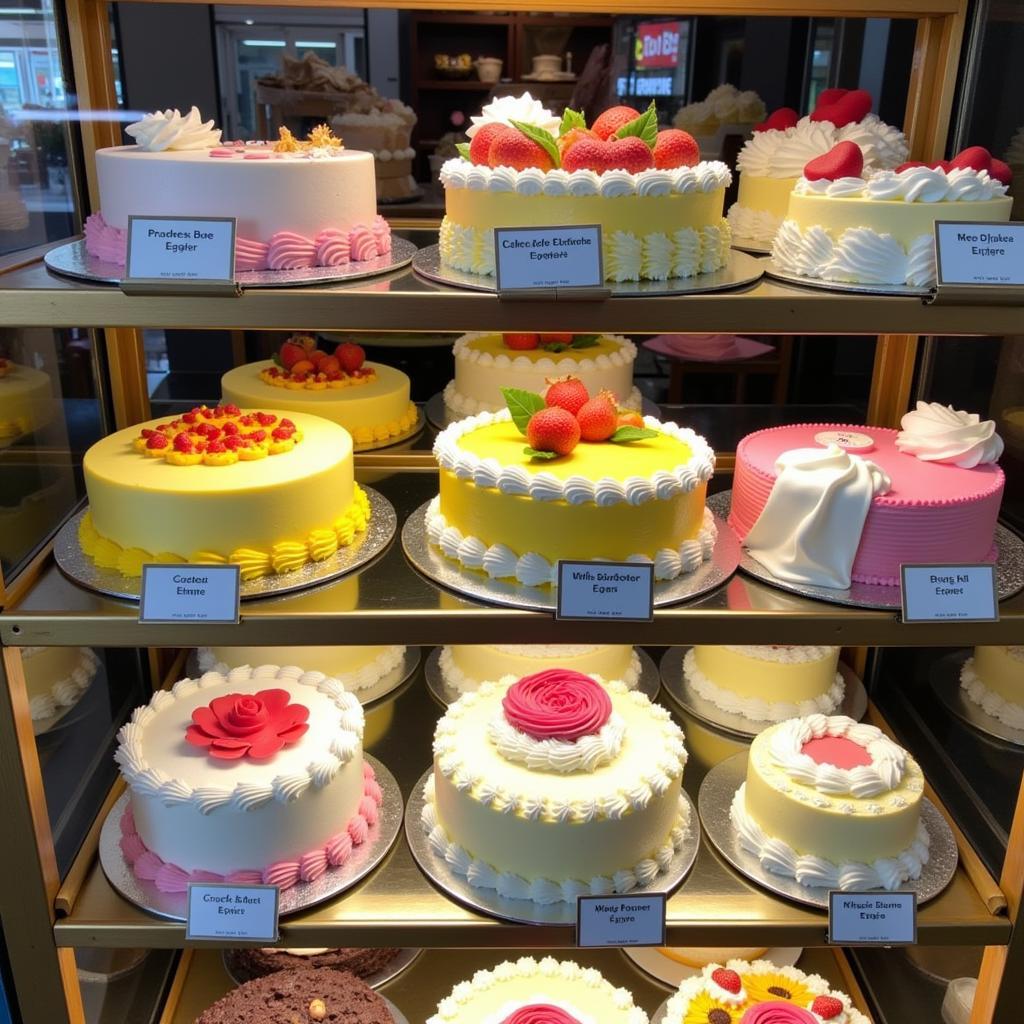 Delicious egg-free cakes on display in a bakery