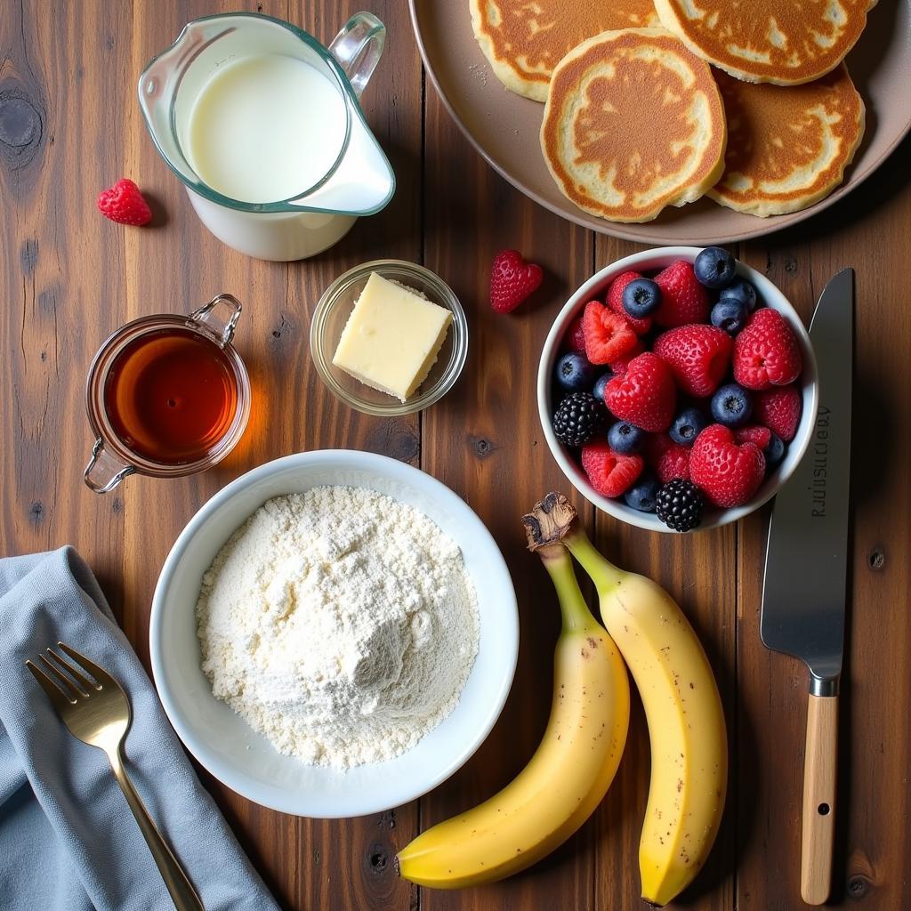 Ingredients for making egg-free pancakes arranged on a table