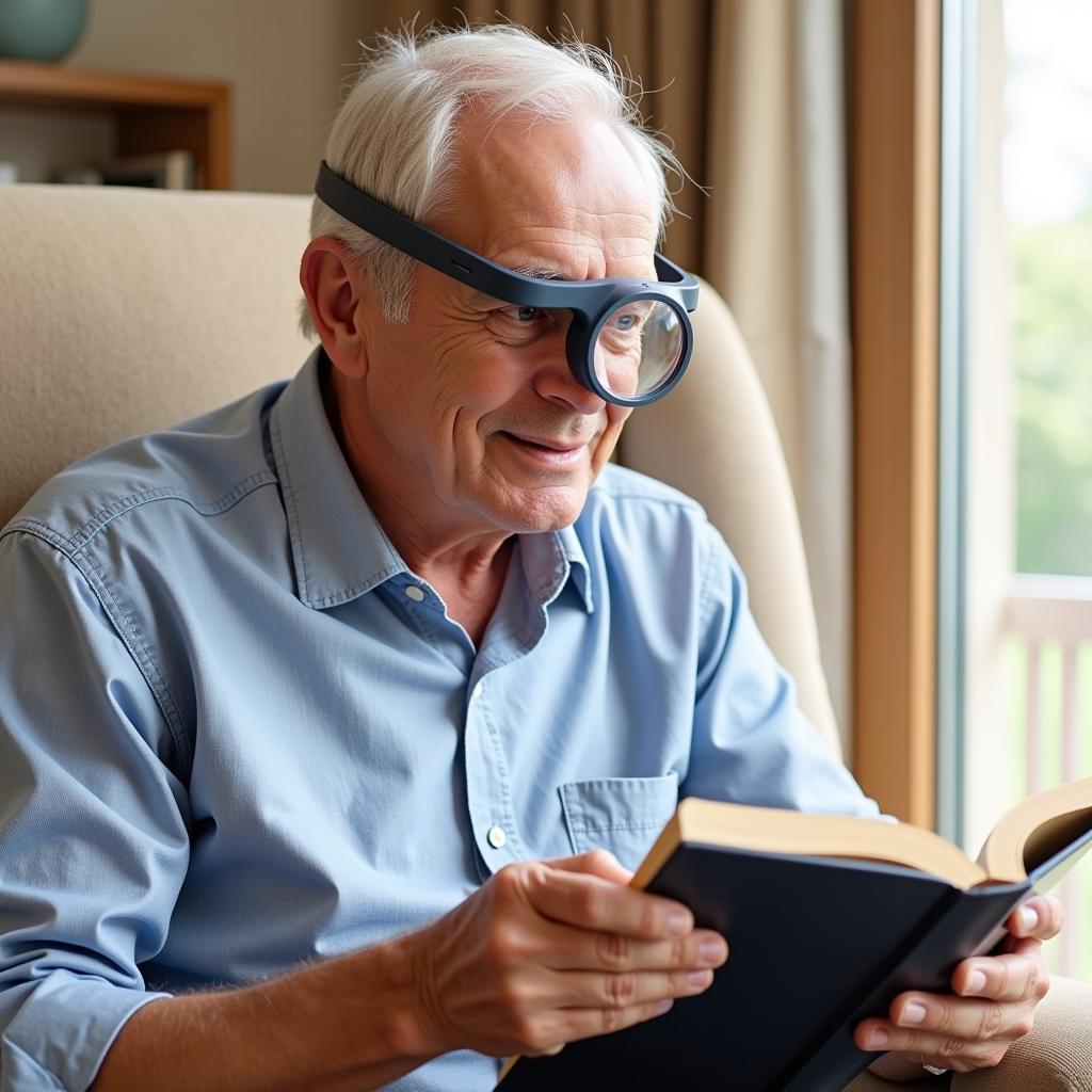 Elderly Man Reading with Headband Magnifier