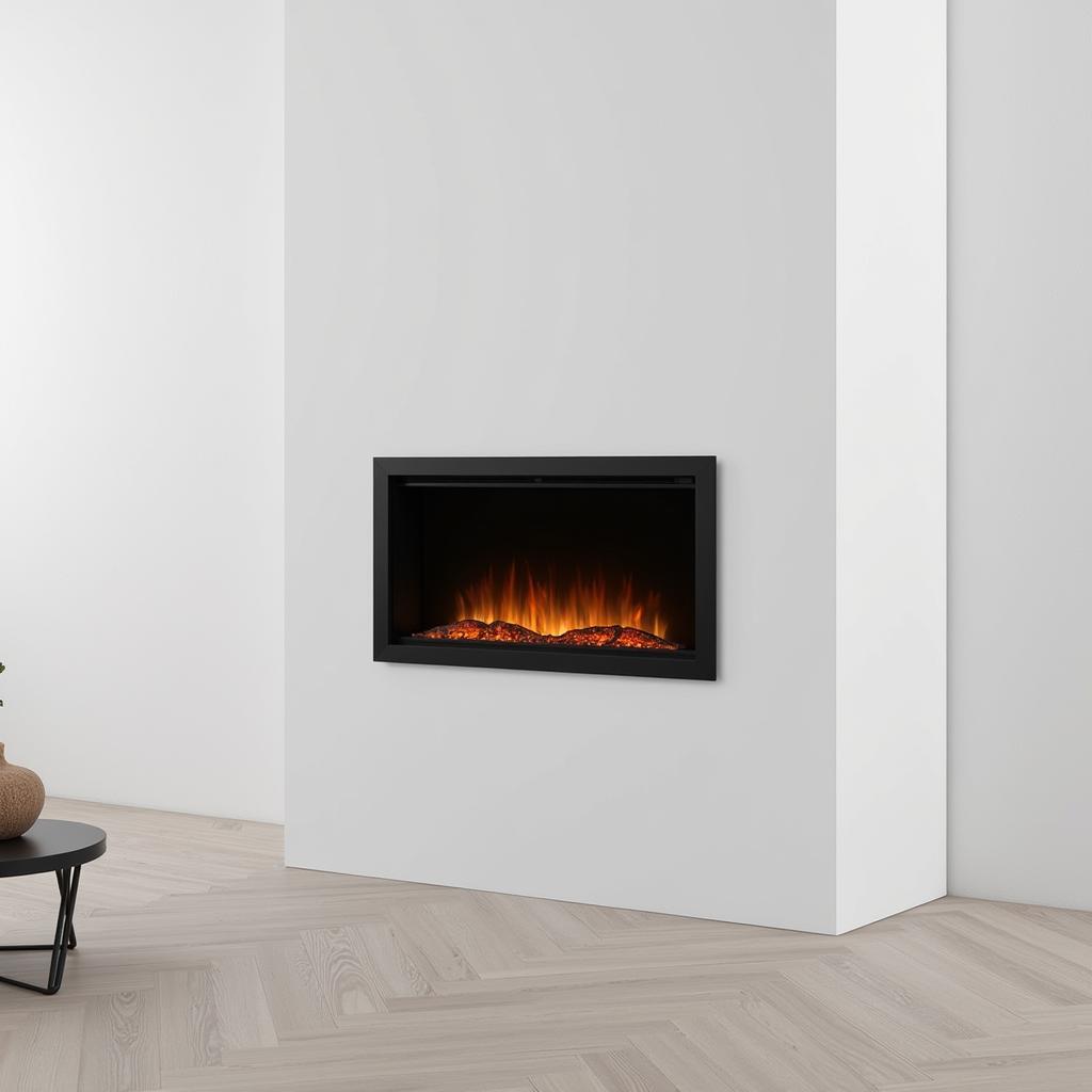 An electric free-standing fireplace with a modern design, seamlessly integrated into a minimalist living room décor