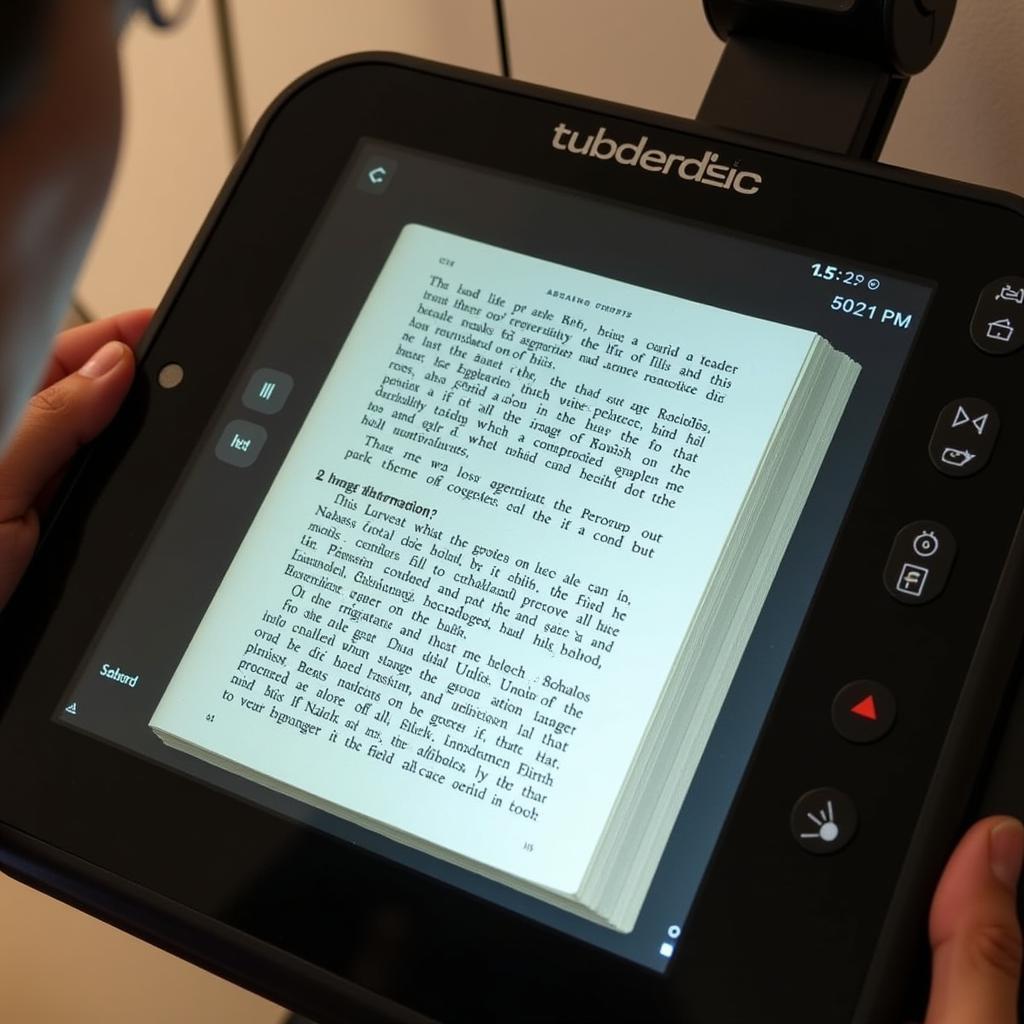 An electronic magnifier displaying a magnified page of text on its screen.