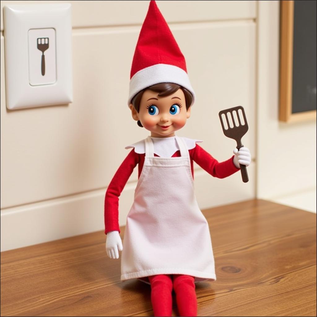 Elf dressed as a chef holding miniature utensils