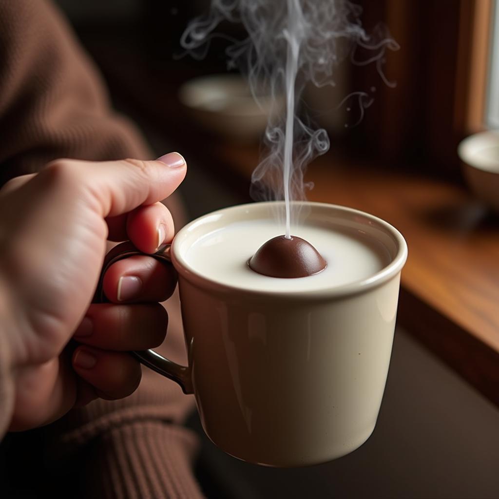 A person holding a mug with a dairy-free hot chocolate bomb melting in it