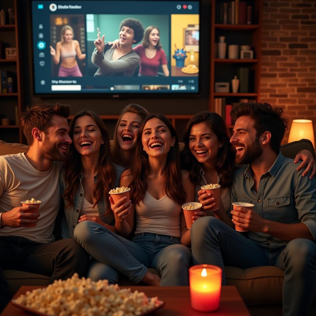 Group of friends watching free streaming service together