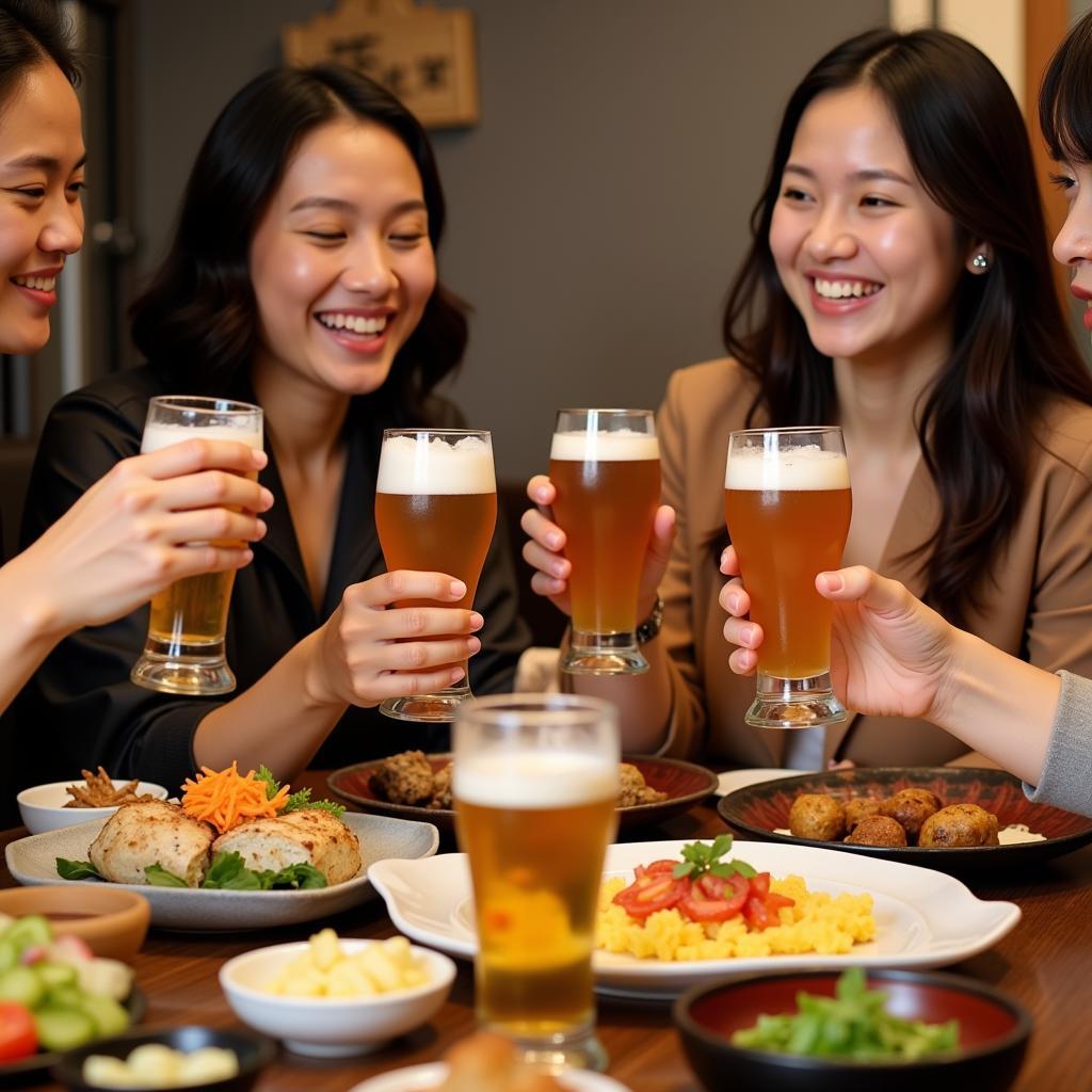 Friends enjoying gluten-free Japanese beer and Japanese food