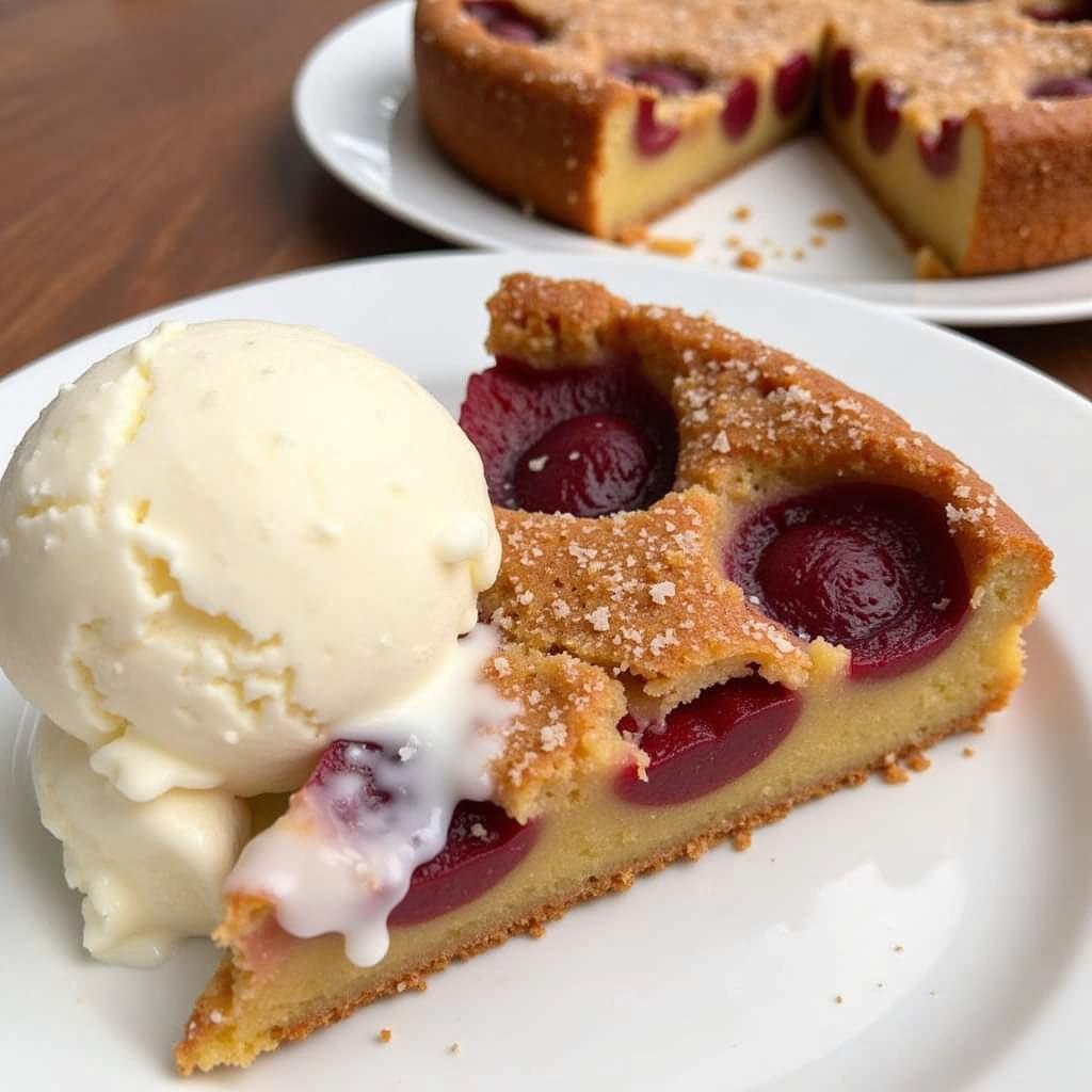 A slice of gluten free plum torte served on a plate with vanilla ice cream.