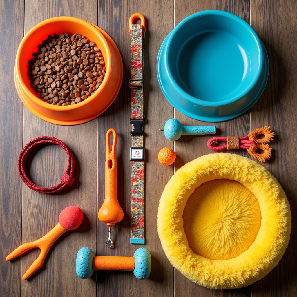 Essential Dog Supplies Arranged on a Wooden Floor