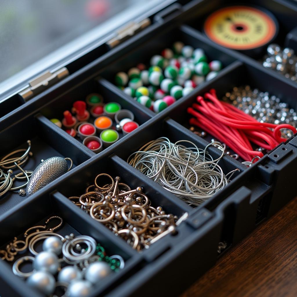 Essential fishing gear inside a tackle box