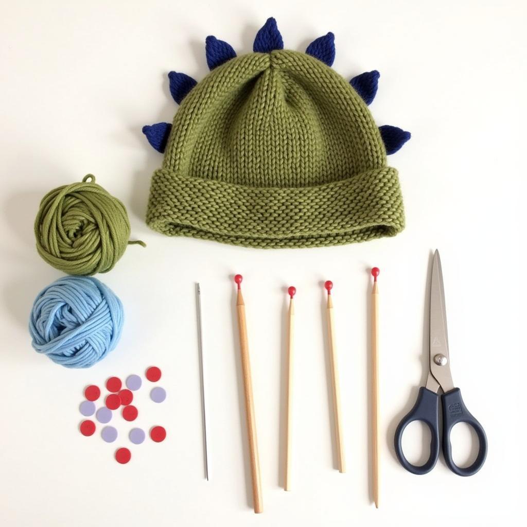 Essential knitting supplies laid out on a table.