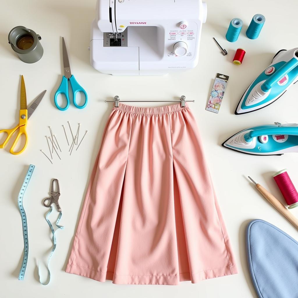 A flat lay of essential sewing tools for making a pleated skirt.