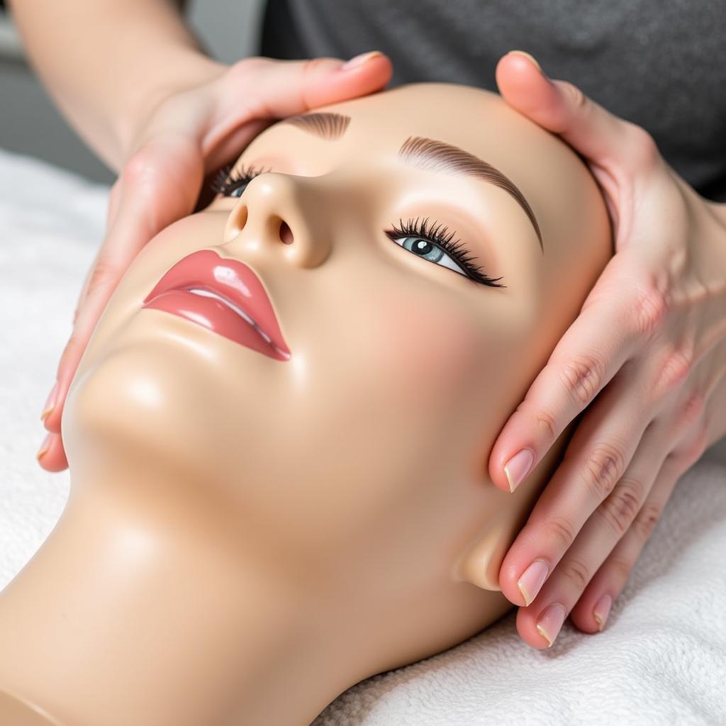 Close-up of hands practicing a facial massage technique on a mannequin head.