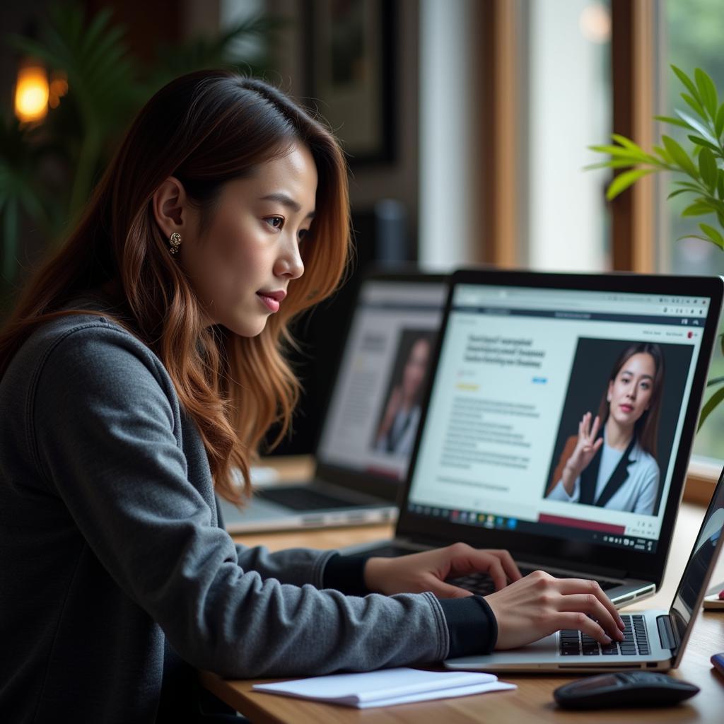 Person carefully analyzing information on a laptop