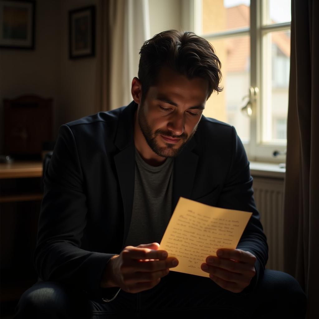 Man reading letter with regretful expression