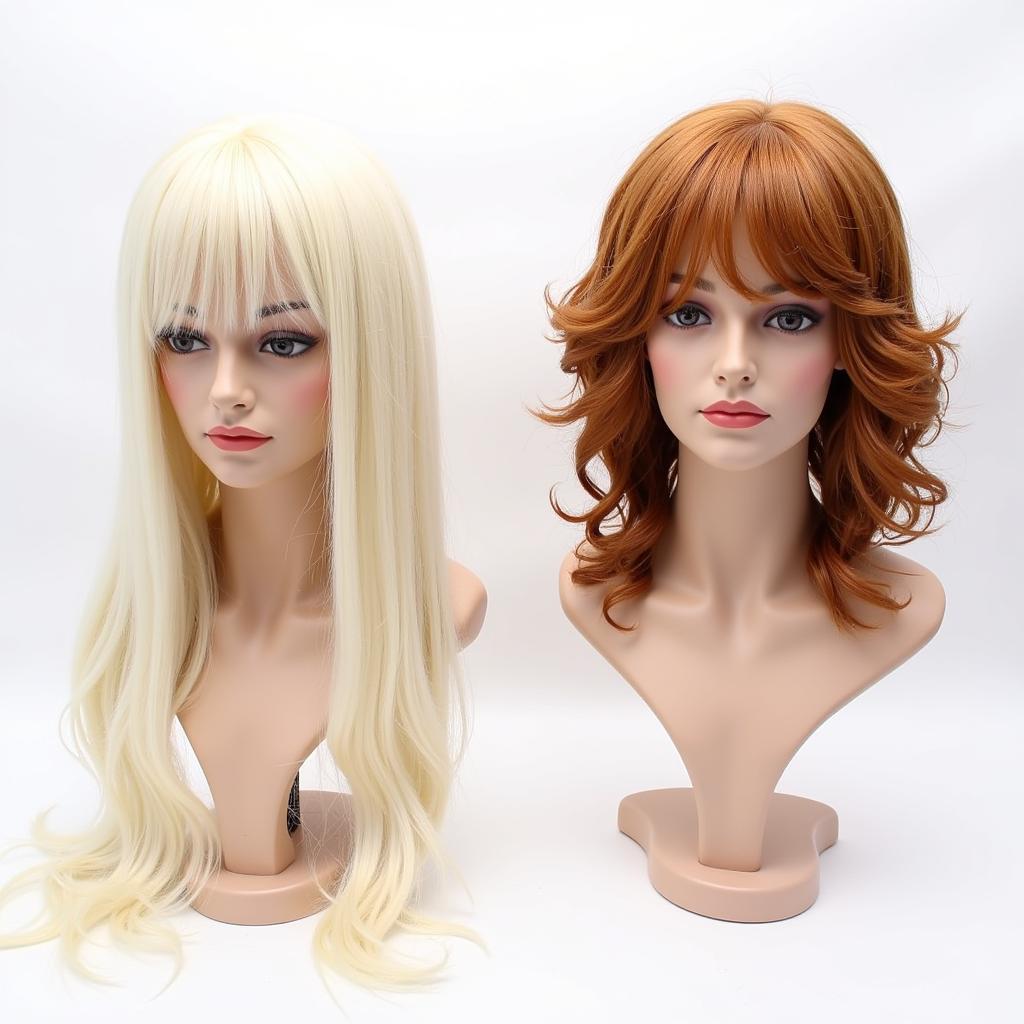 Two Wigs on Mannequin Heads: One Long and Straight, One Short and Curly