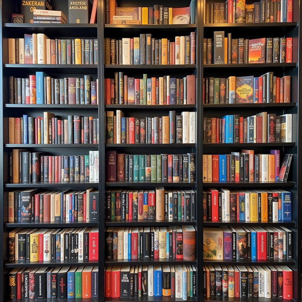 Diverse bookshelf filled with books from various genres