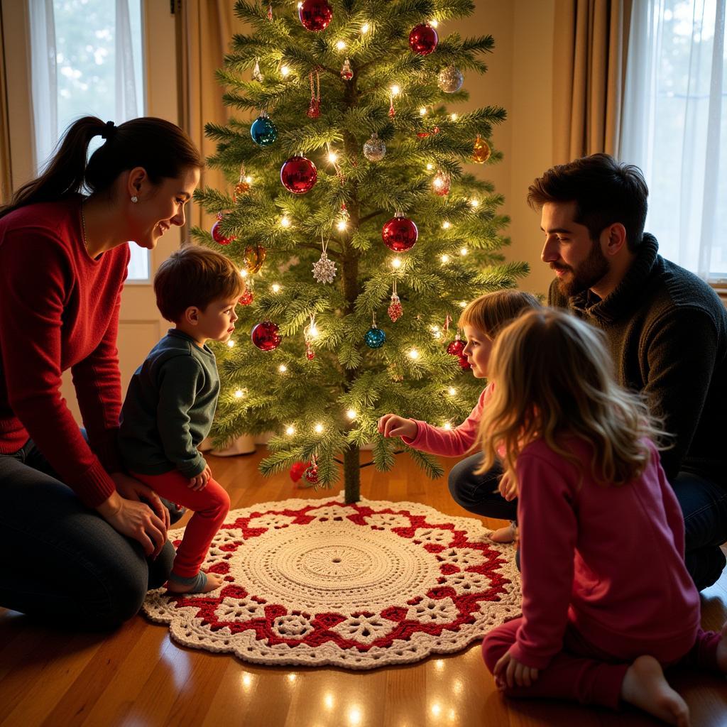 Family gathered around Christmas tree with handmade crochet skirt