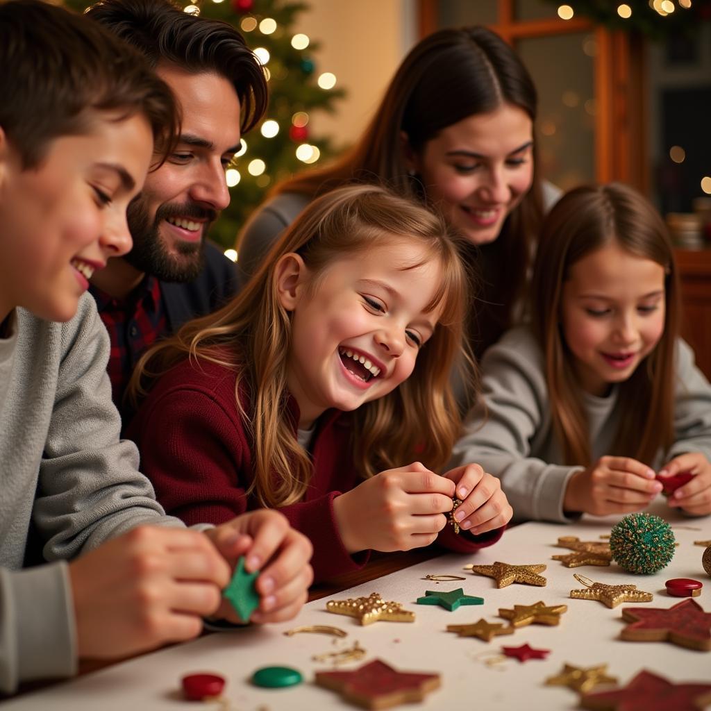 Family engaged in a Christmas devotional activity, laughing and interacting together