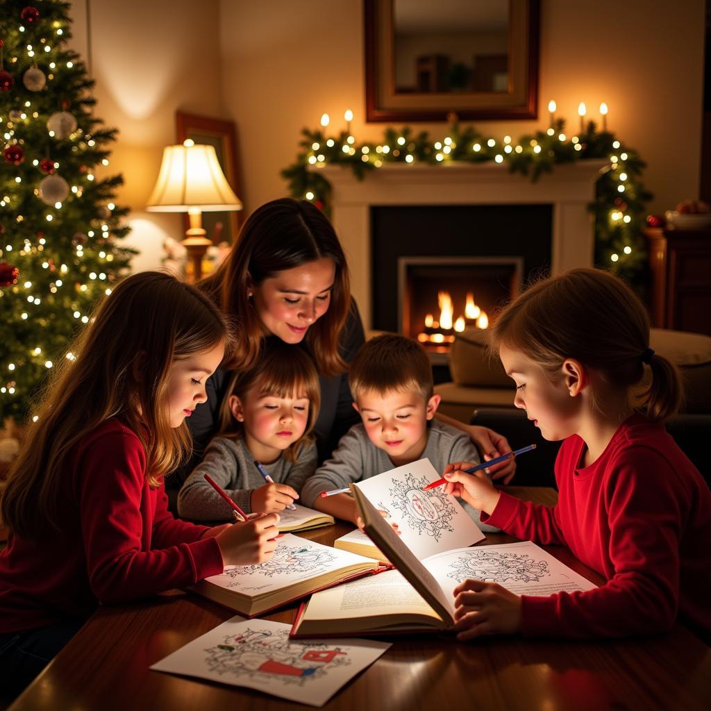 Family enjoying Christmas story time with printable activities