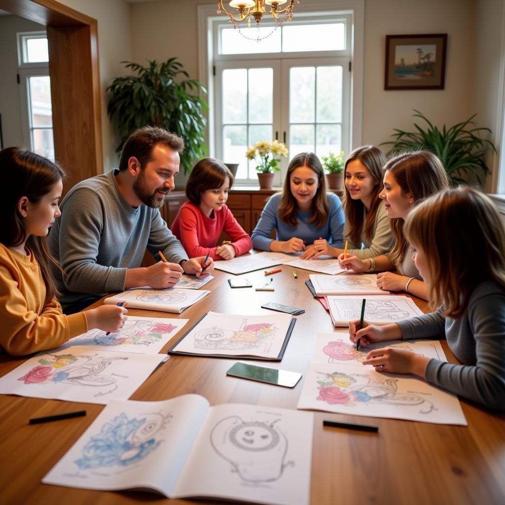 Family engaging in drug free coloring activity