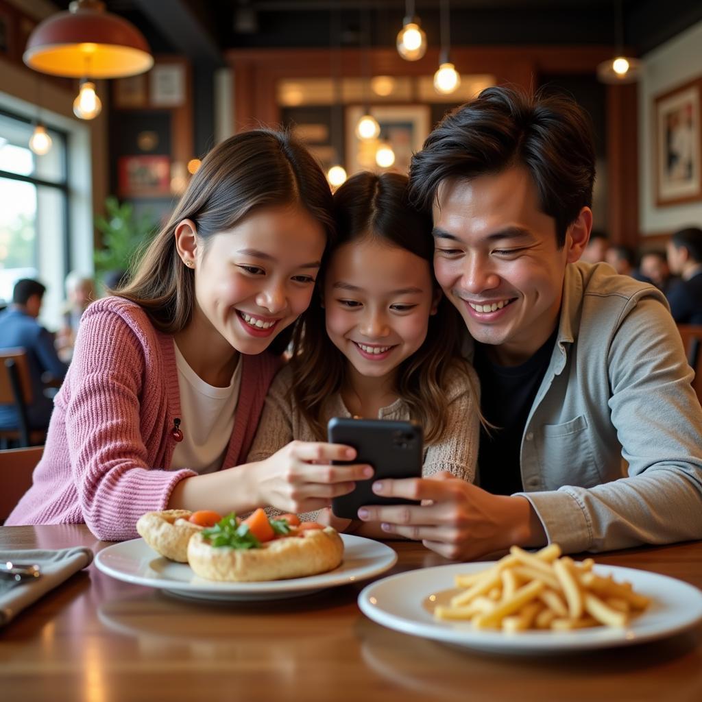 Family finding dining deals on a phone