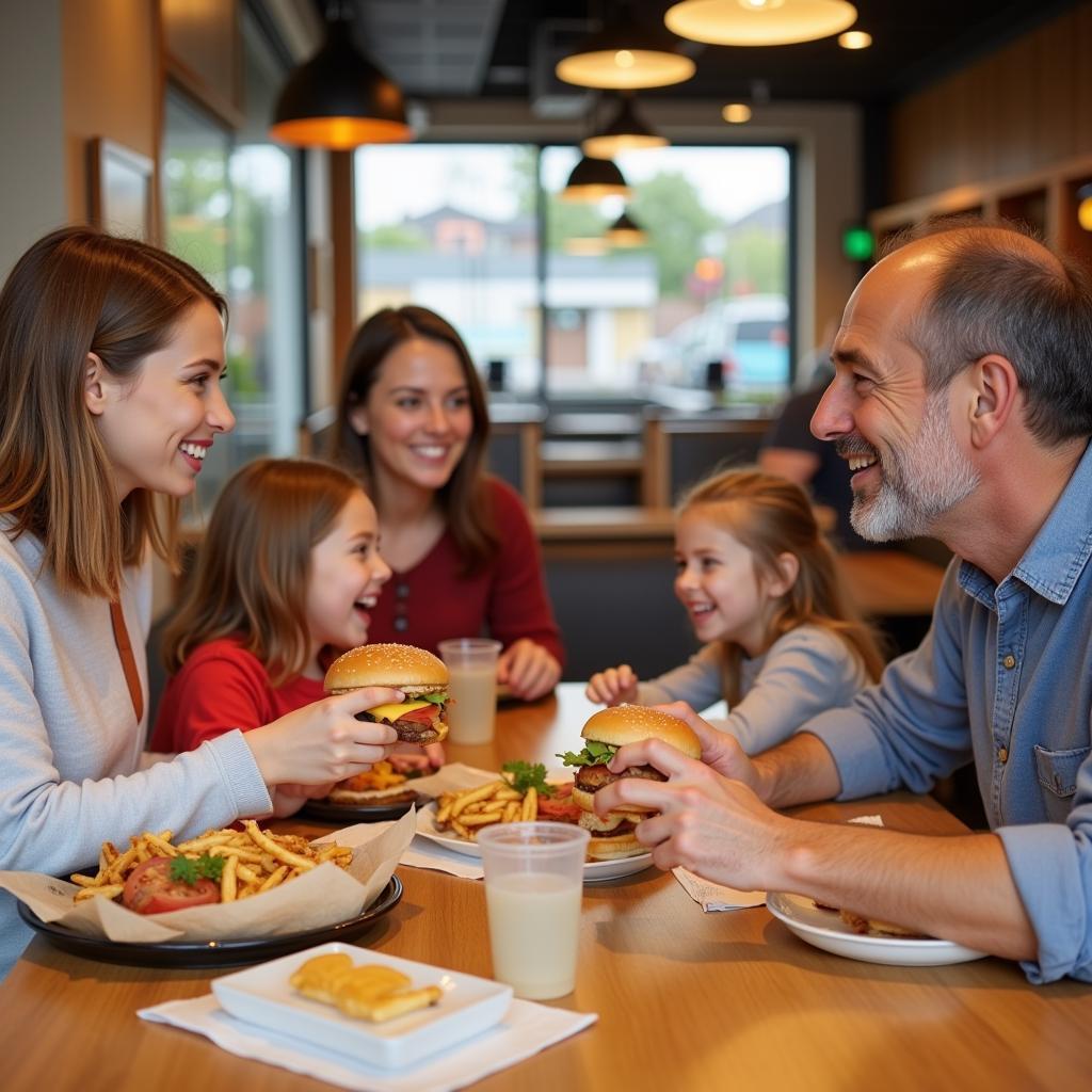 A family enjoying a dairy-soy-free meal at a fast-food restaurant.