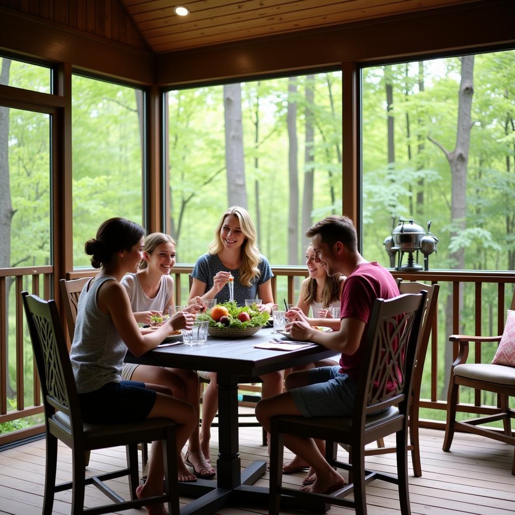 A family enjoys dinner together in their screened-in deck, surrounded by lush greenery.