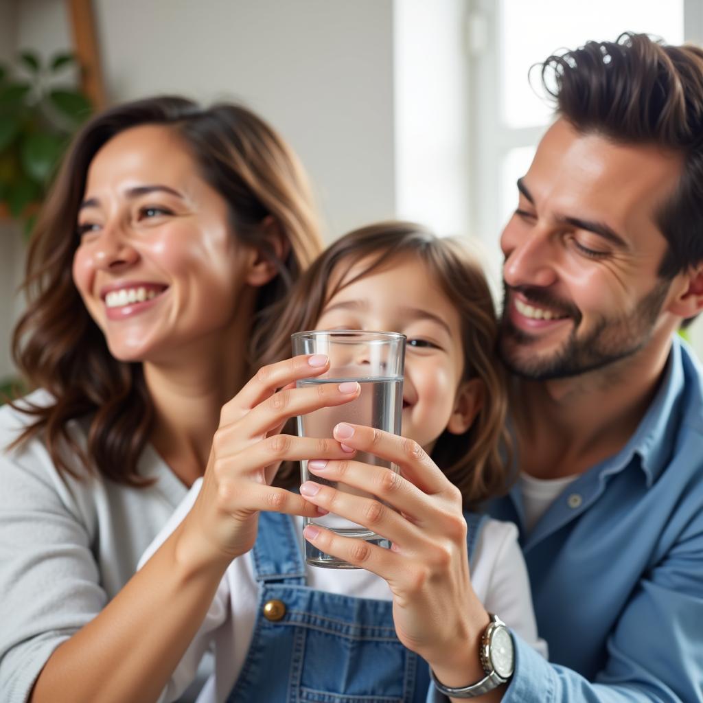 Family Enjoying Refreshing Filtered Water from their Dispenser