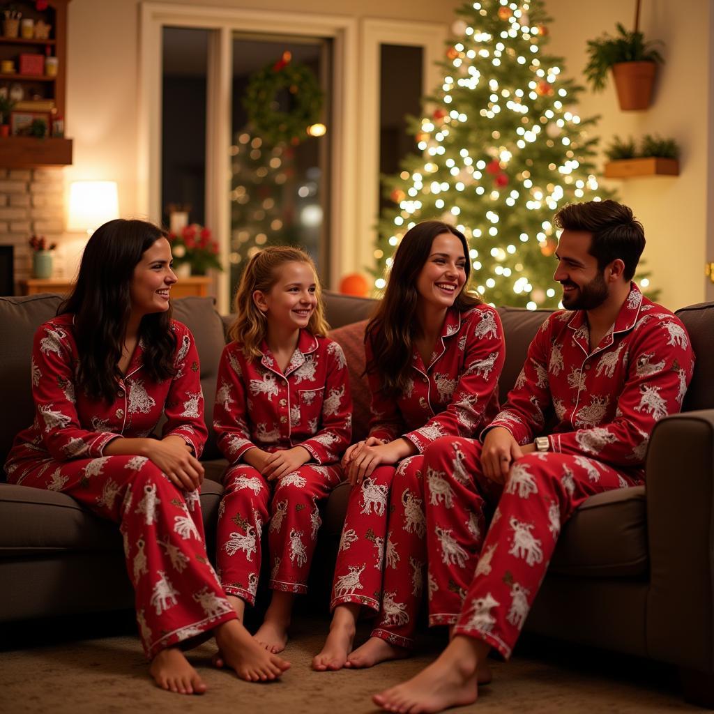 Family in Matching Footed Pajamas Gathered Around a Christmas Tree