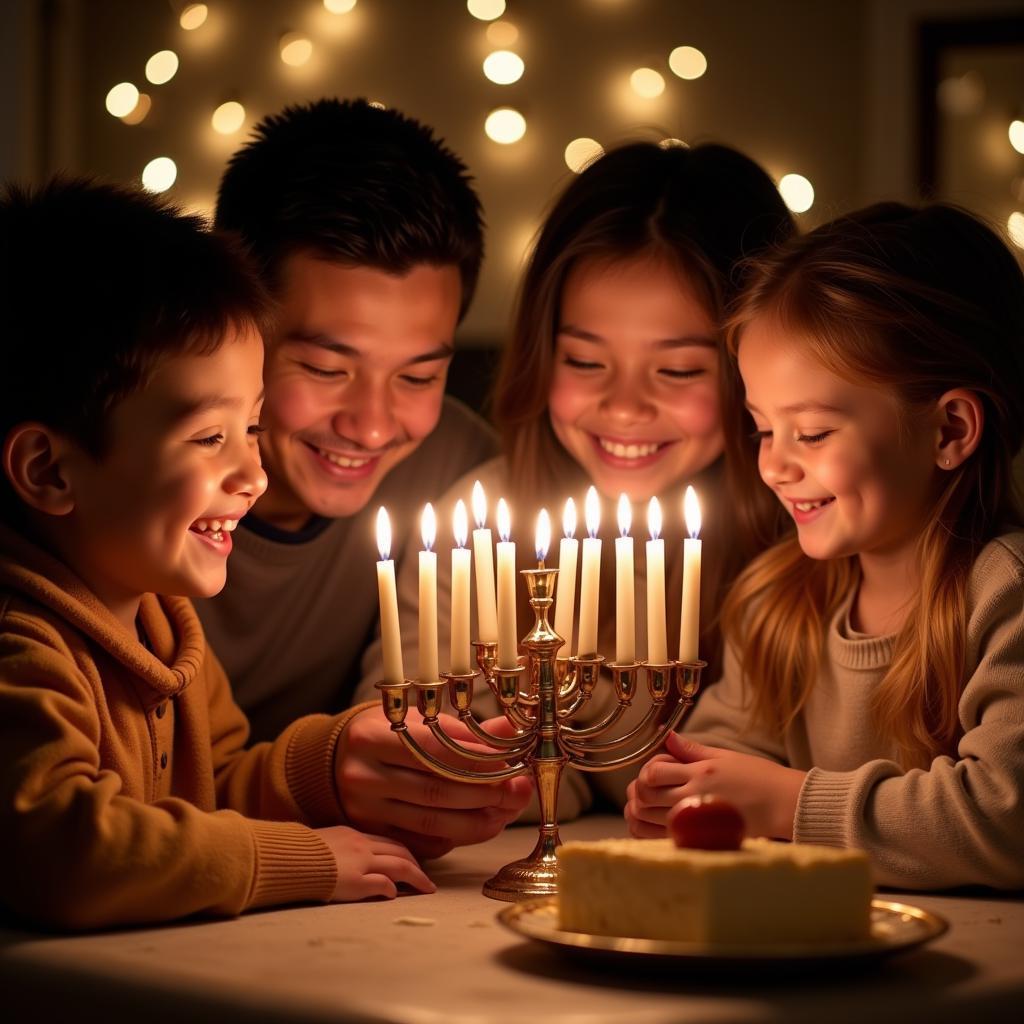 Family Lighting Hanukkah Menorah