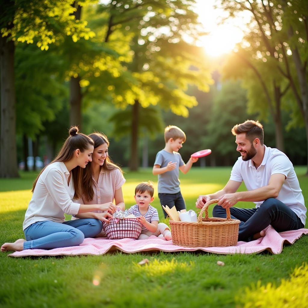 Family enjoying a picnic lunch in the park