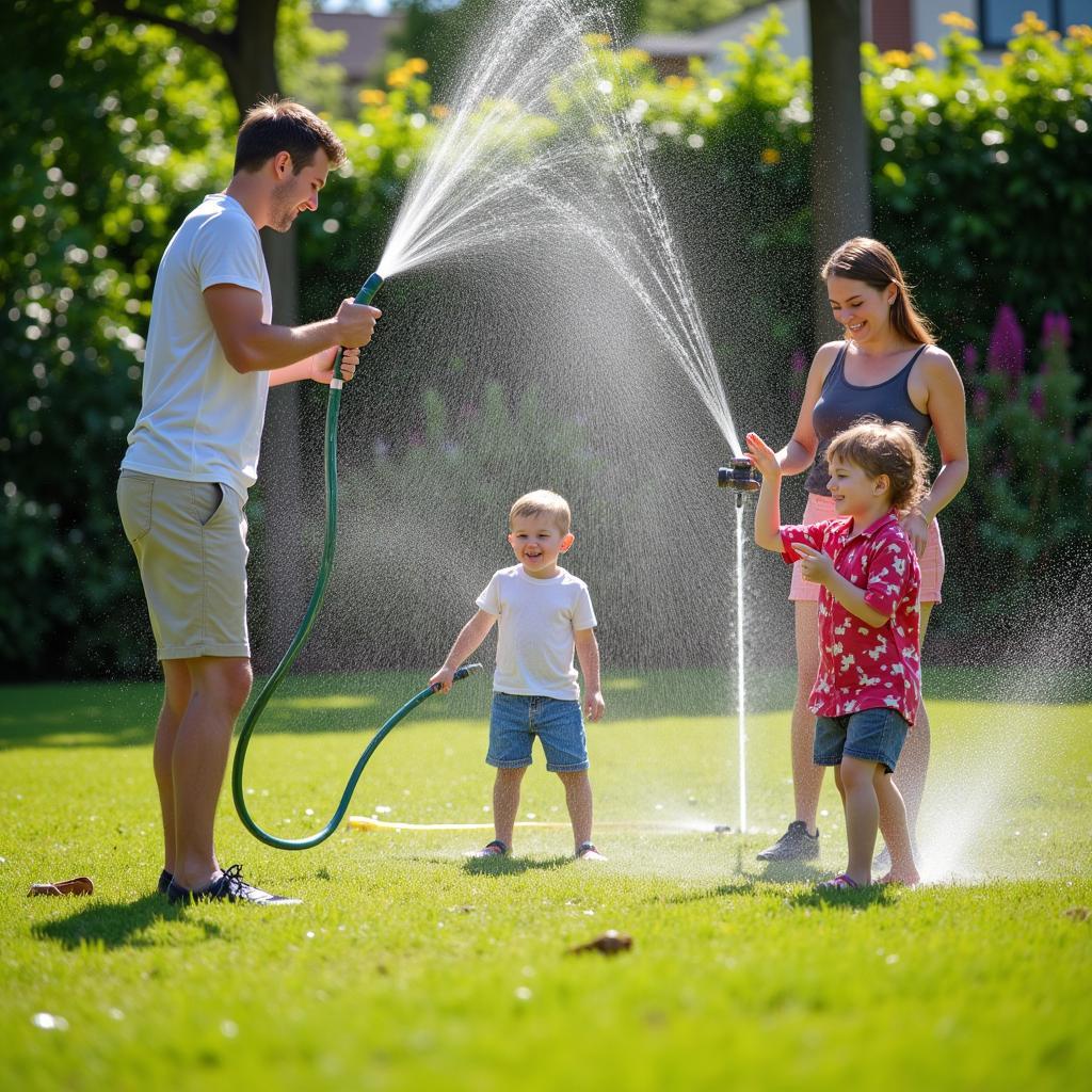 Family cooling off in their backyard