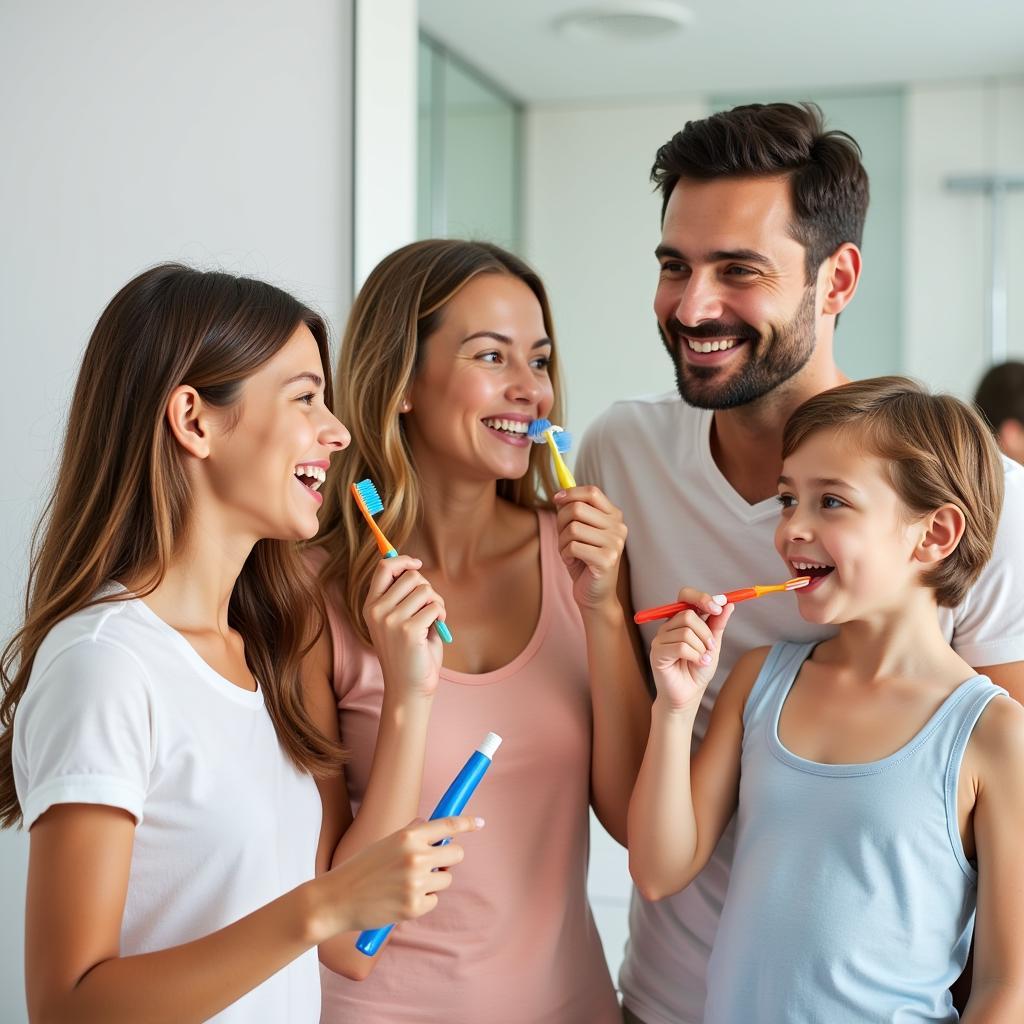 Family brushing their teeth together