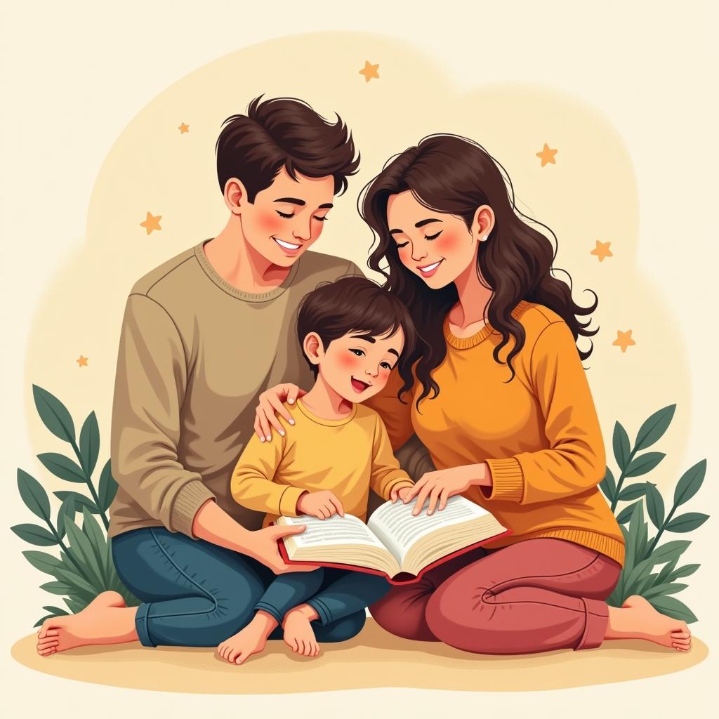 Parents and child enjoying a book together