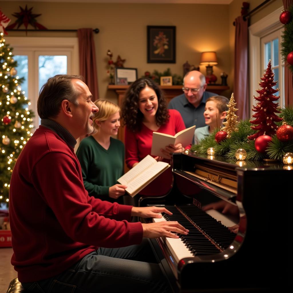 Family gathered around a piano singing Christmas carols