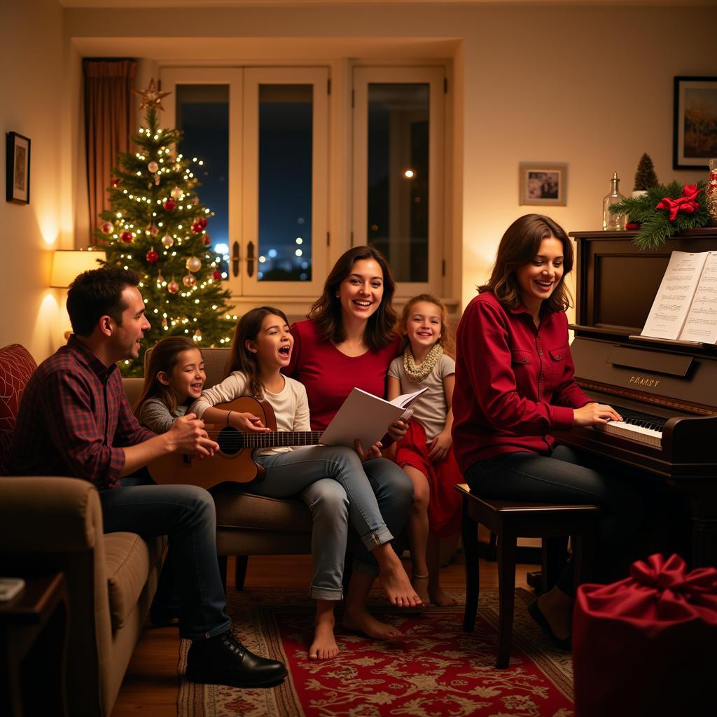 Family gathered around a piano, singing "Have a Holly Jolly Christmas" together.