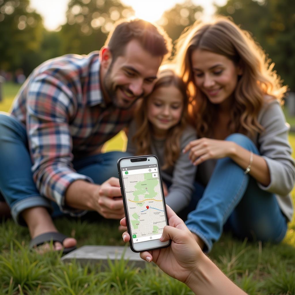 Family using free cemetery map to visit a grave