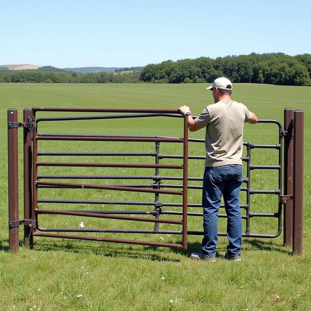 Farmer Assembling Free Standing Cattle Panel