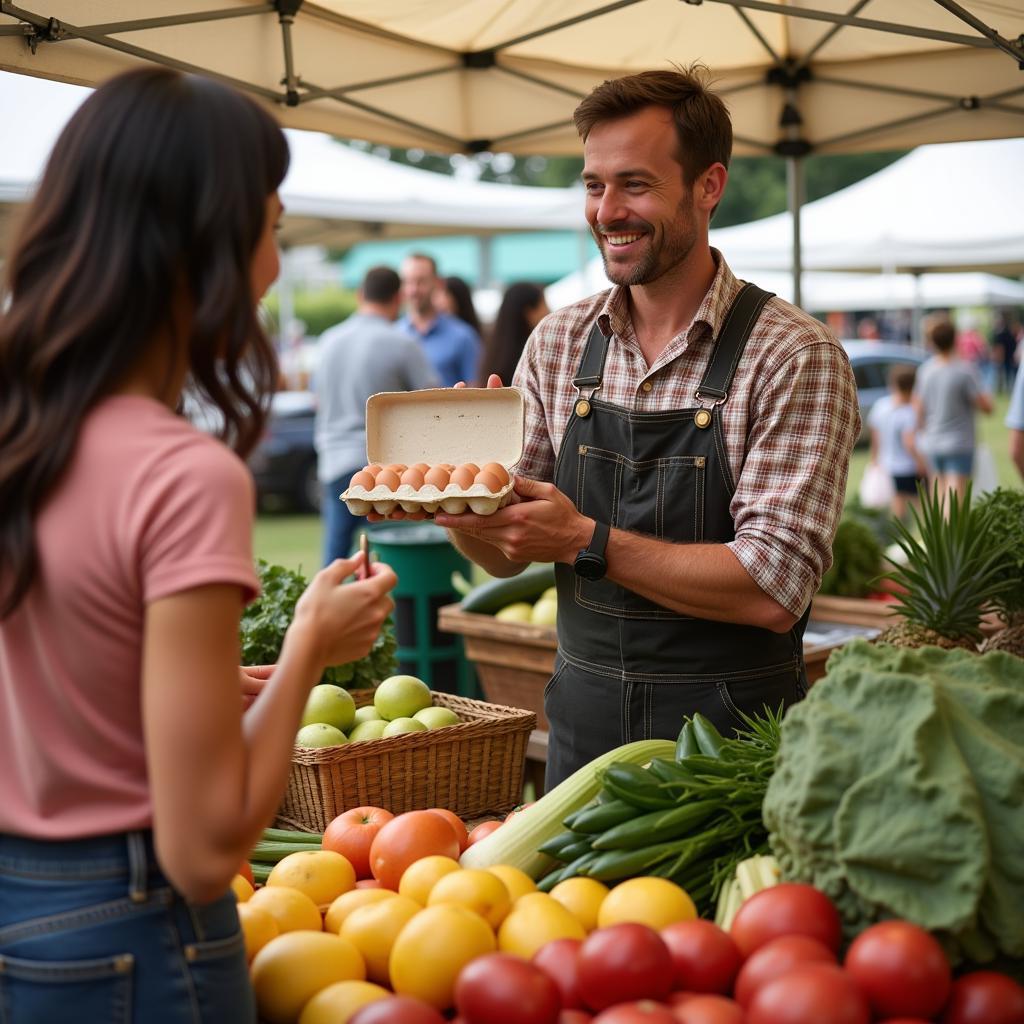 Friendly farmer selling soy and corn free eggs at a farmers market