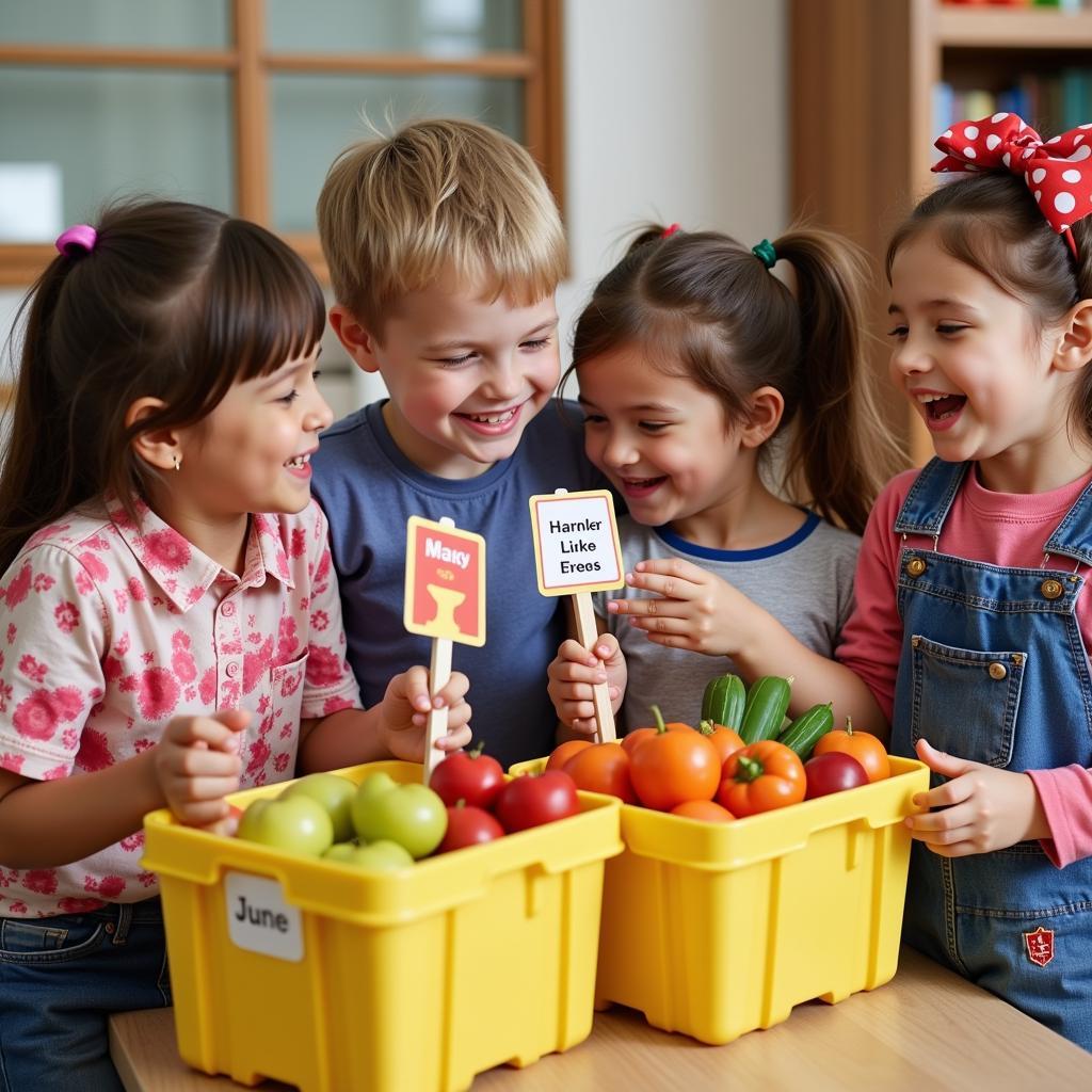 Kids engaging in farmers market pretend play using printable props.