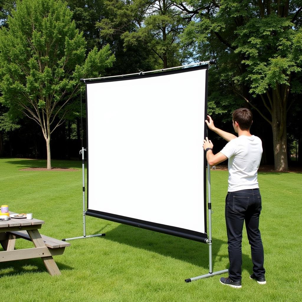 Fast-folding projector screen being set up outdoors