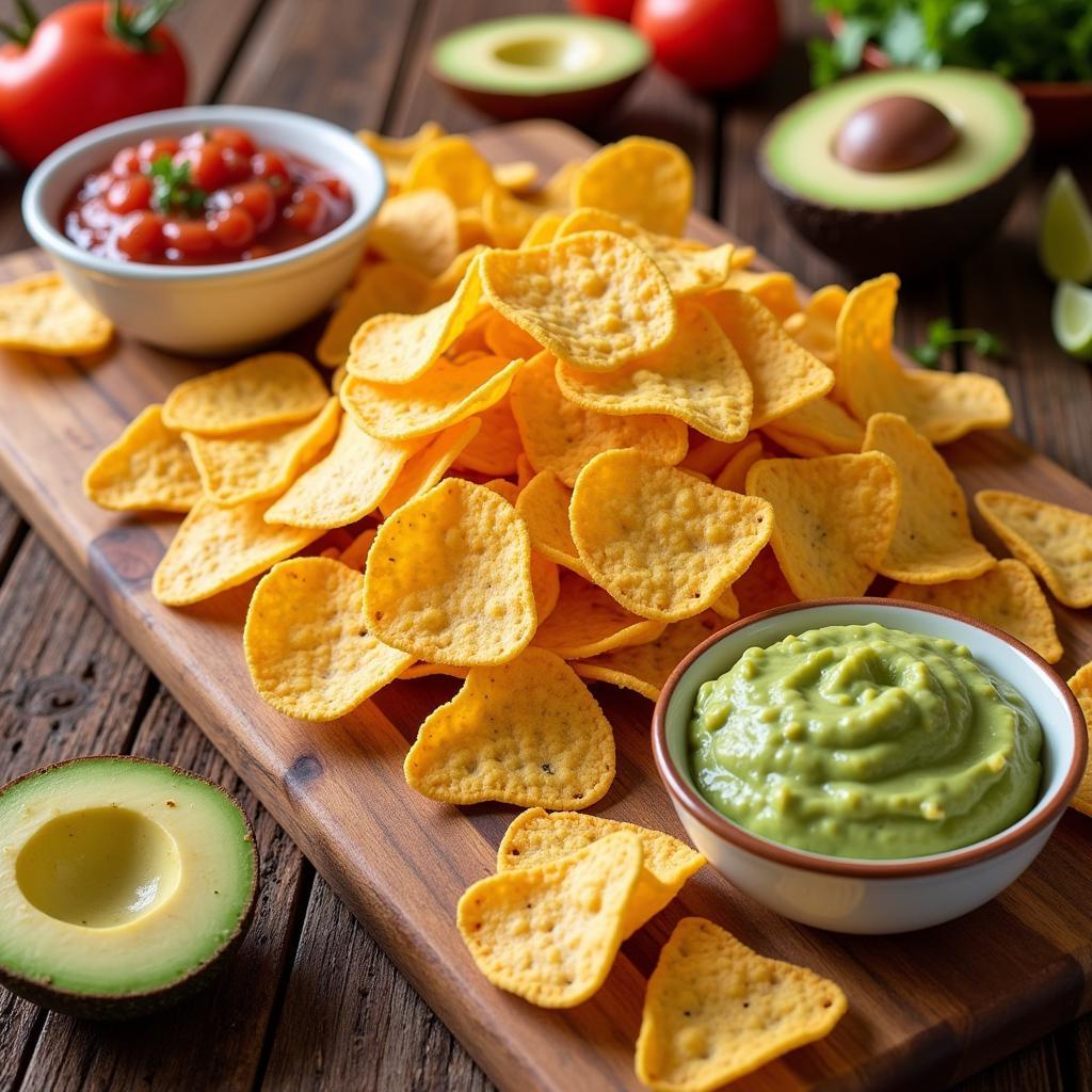 Bowl of fat free nacho chips with salsa and guacamole 