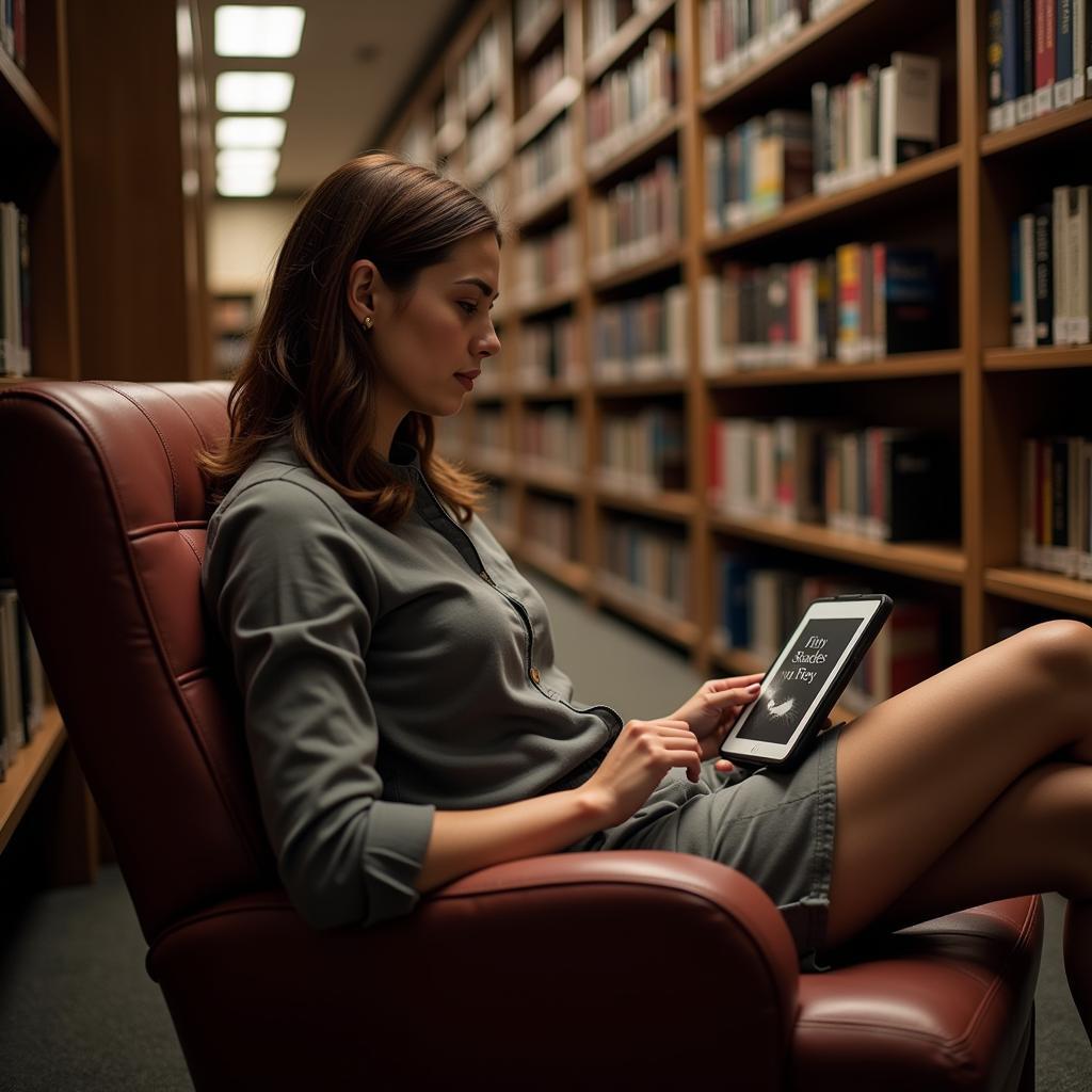 Woman reading Fifty Shades on an ereader in a library