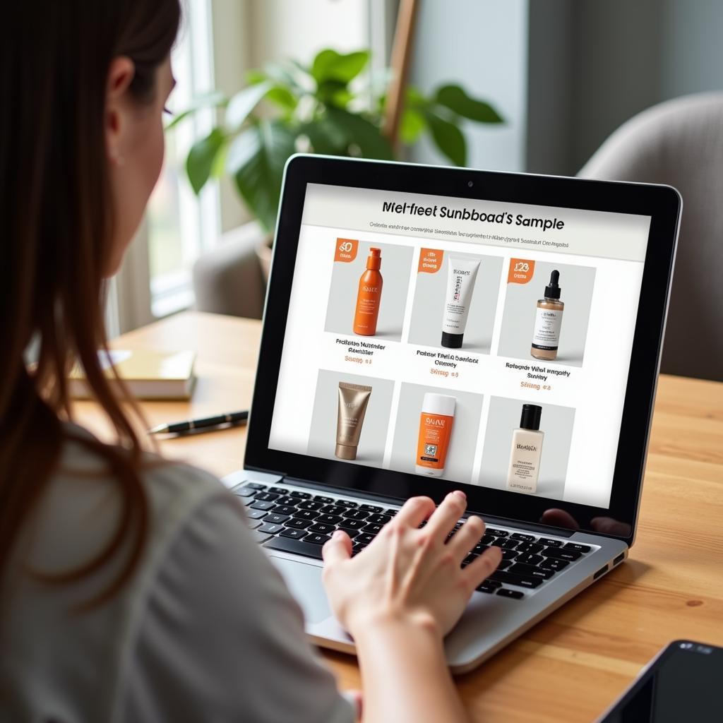 A person browsing free sunblock samples online