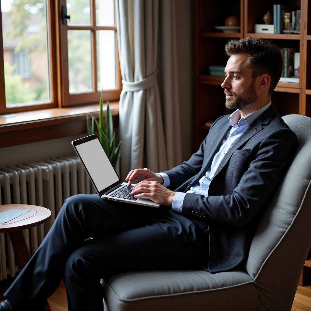 Man browsing suit sales on laptop