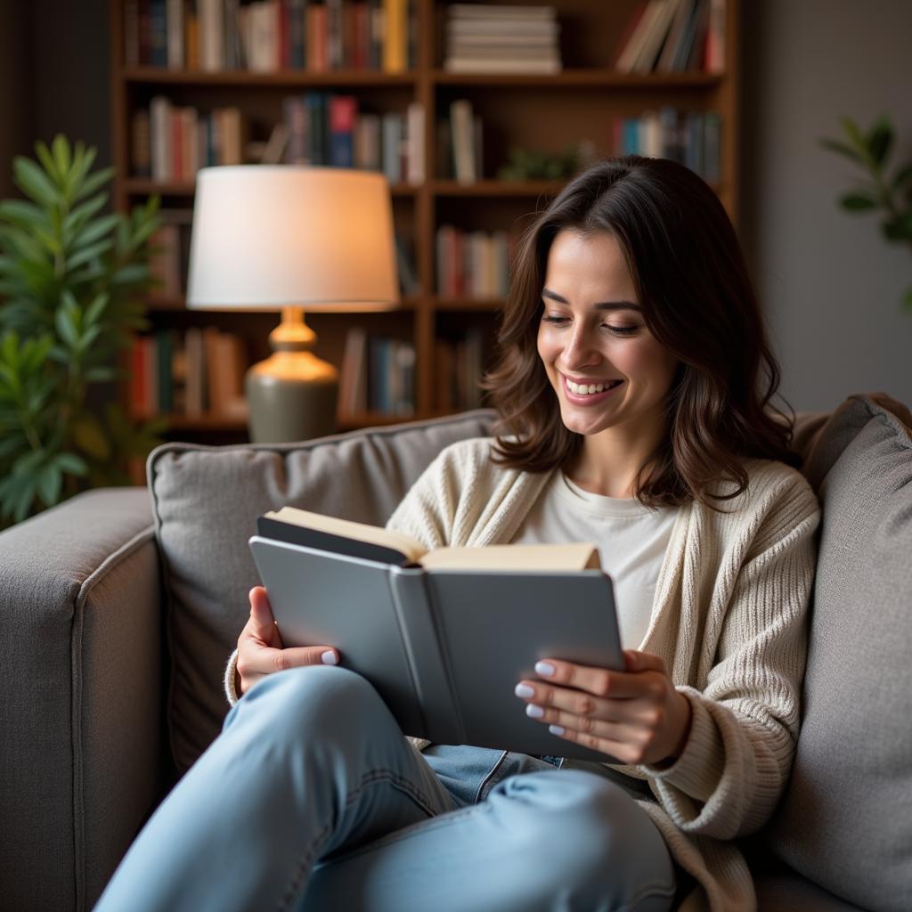 Woman browsing ebooks on her tablet