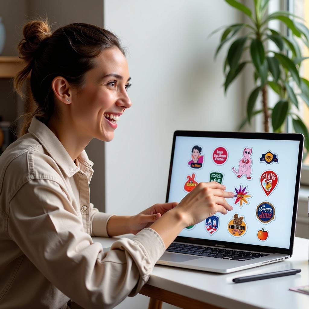 Woman browsing a website for free sample stickers