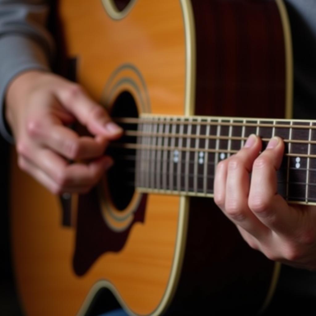 close-up of hands fingerpicking on an acoustic guitar